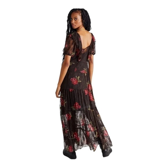 NWT FREE PEOPLE Brown Red Floral Lace Button Front Flutter Sleeve Maxi Dress XS - Picture 5 of 14